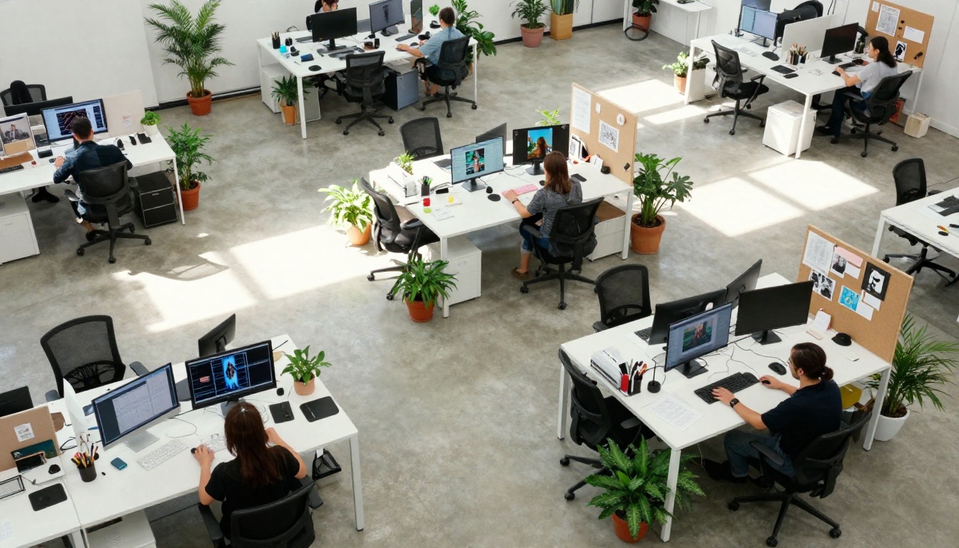 Aerial view of open-plan creative studio with designers working at AI generation setups