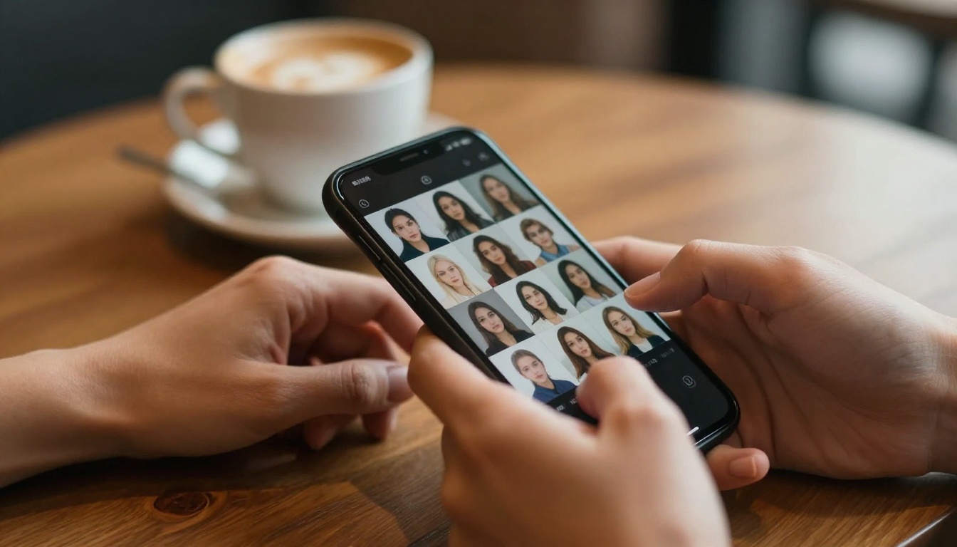 Woman's hands scrolling smartphone with AI image grid