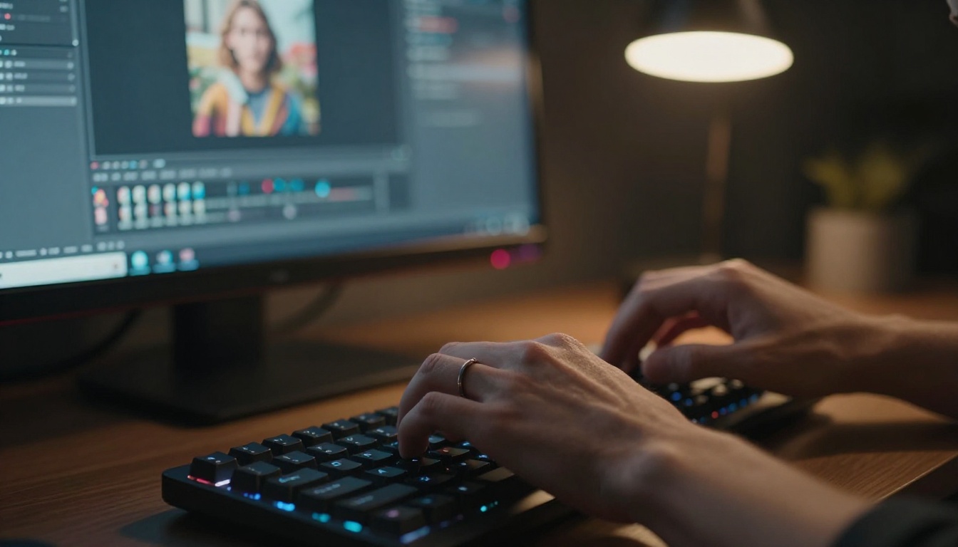 Professional hands typing on keyboard with AI generation interface visible on screen