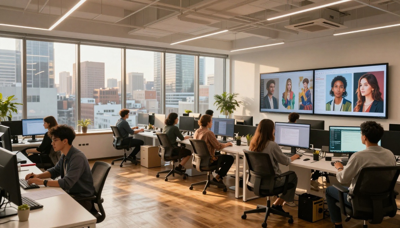 Creative agency team working around wall-mounted screens