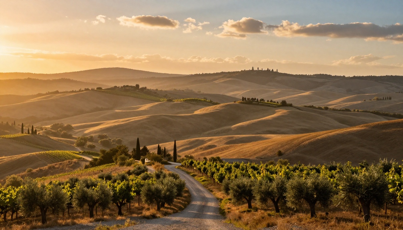 Photorealistic Tuscany landscape at golden hour with rolling hills and cypress trees