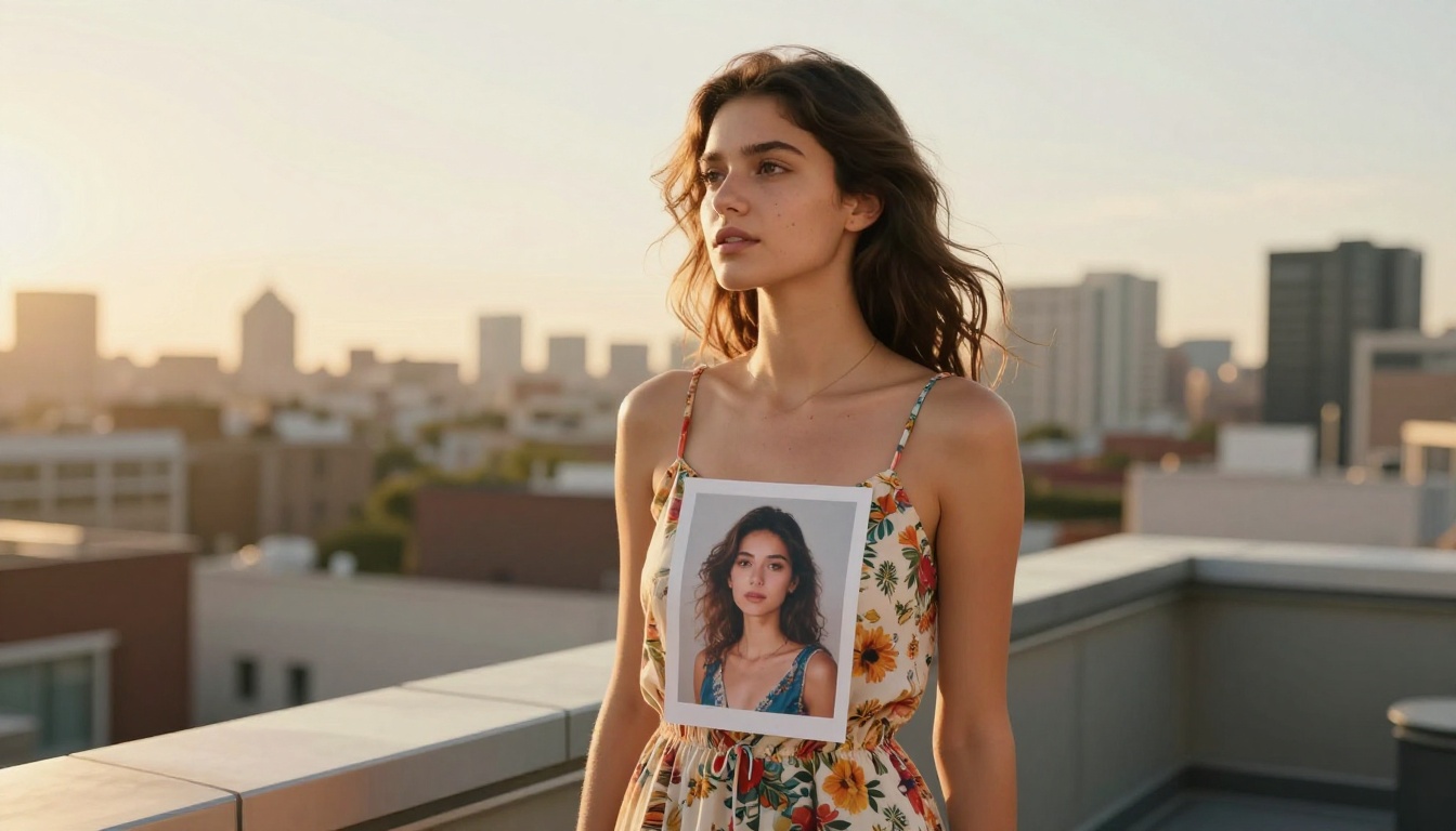 Woman holding AI-generated portrait on rooftop at golden hour