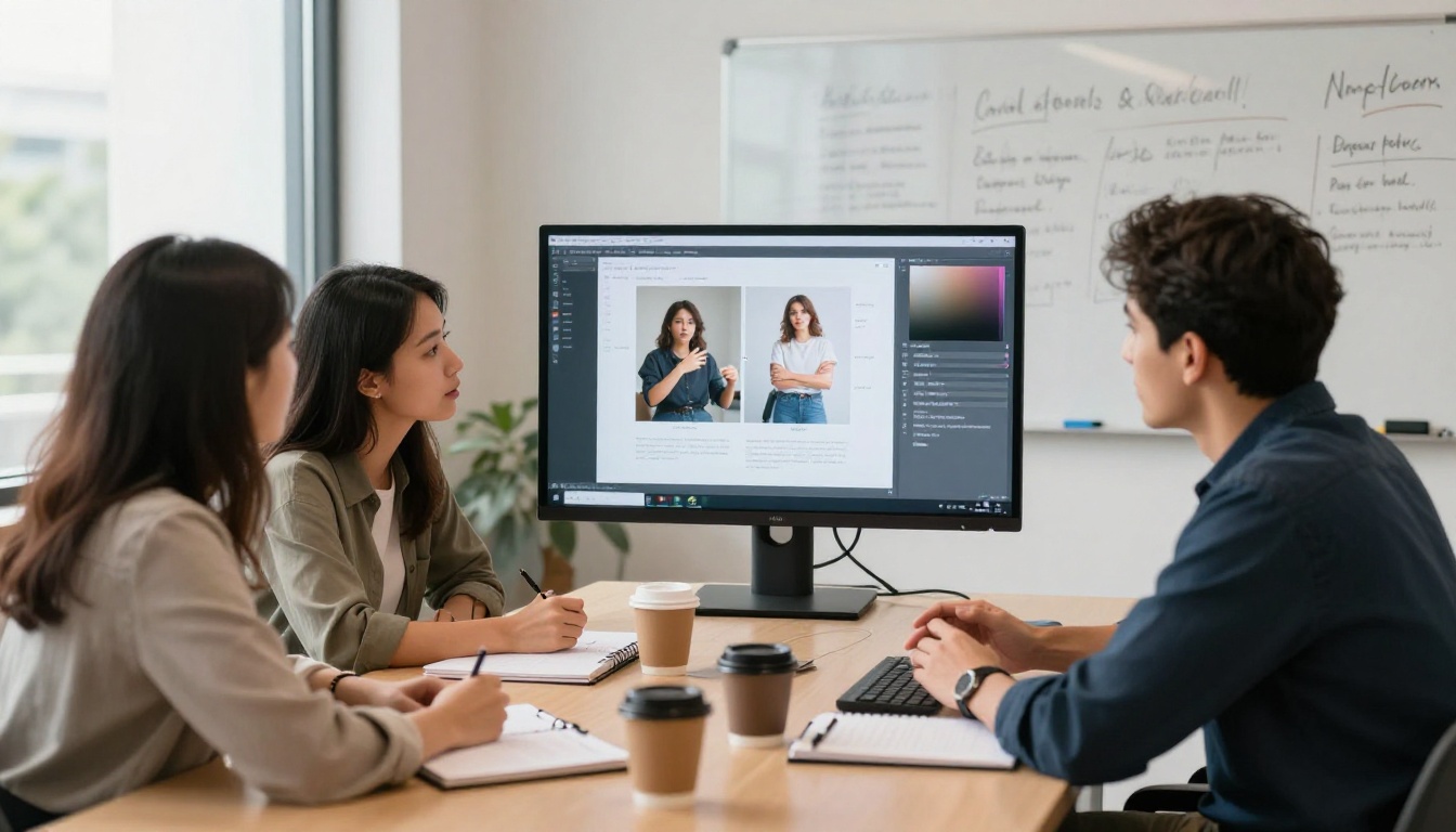 Creative team of three professionals reviewing AI model output comparison on large screen