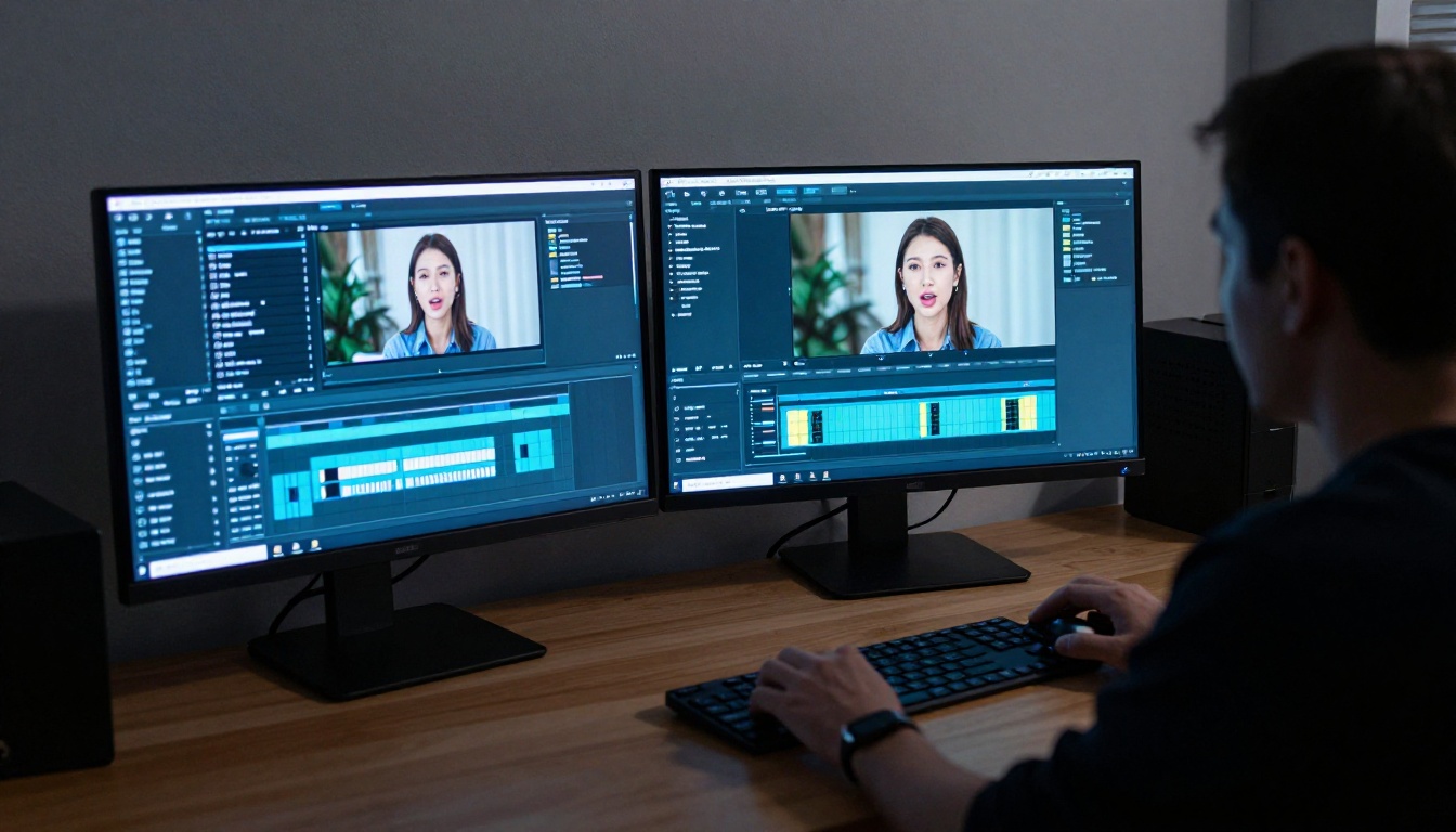 Creator reviewing avatar video on dual monitors