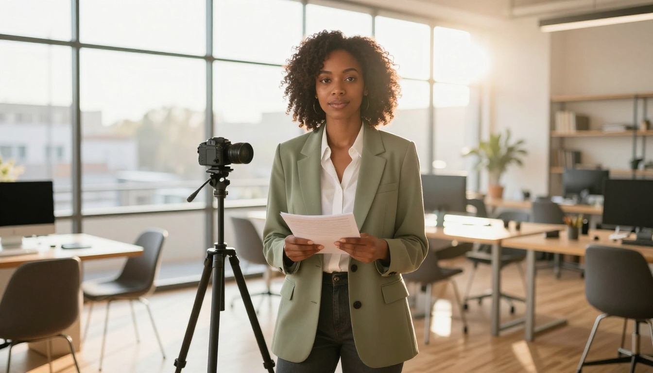 Content creator standing with camera in co-working space