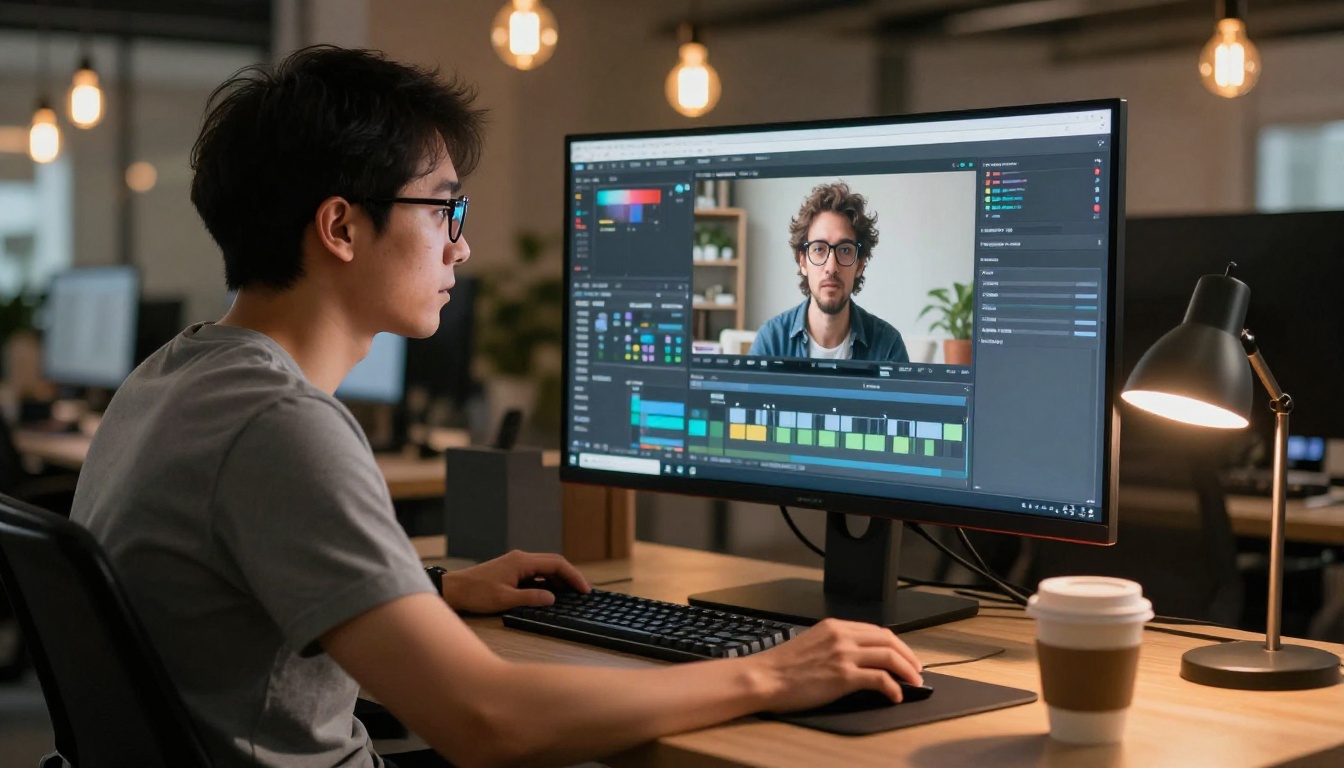 AI avatar video creator working at a professional workstation with monitors