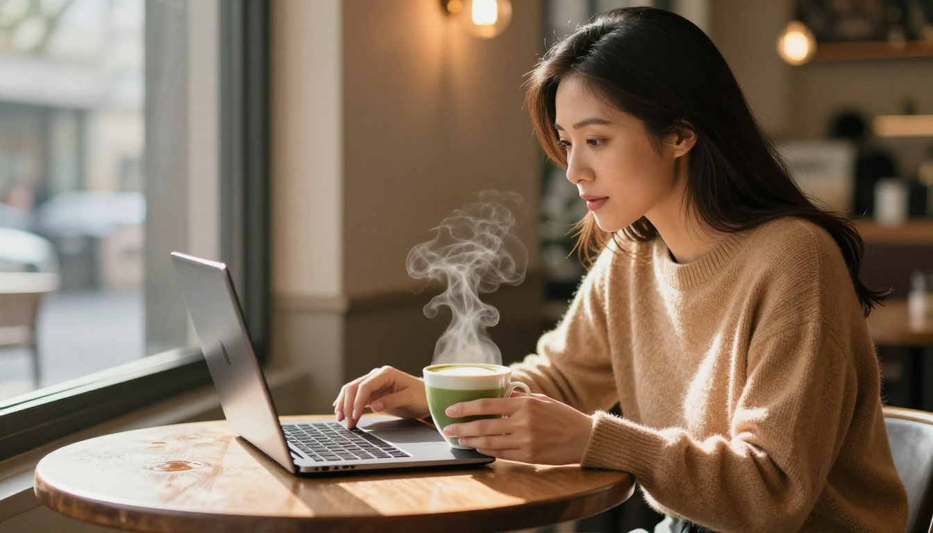 Content marketer at laptop in cafe
