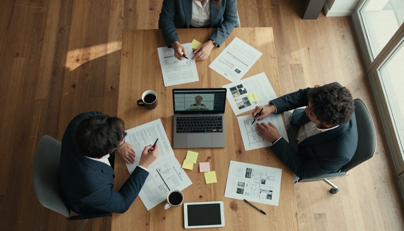 Team collaboration around a laptop discussing AI video content strategy