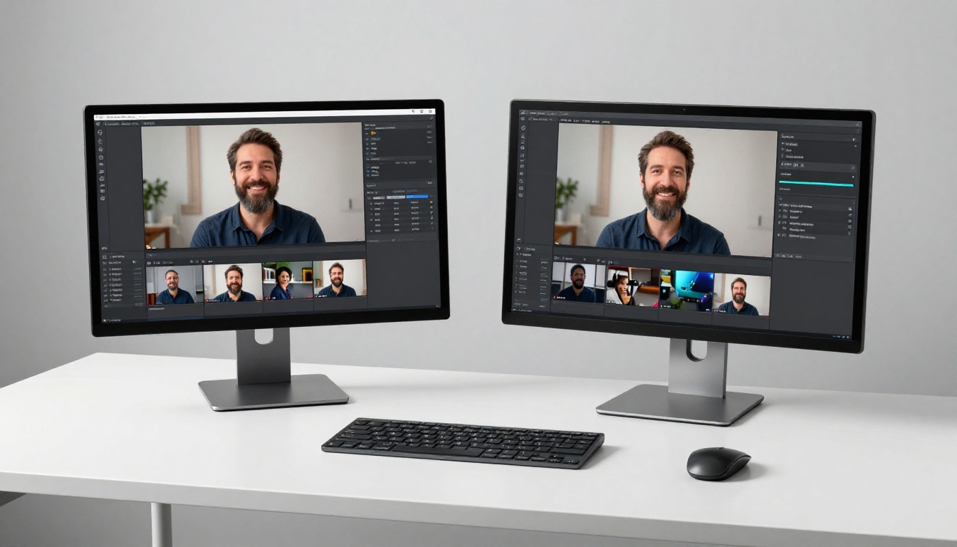Two monitors side by side displaying different AI video production interfaces
