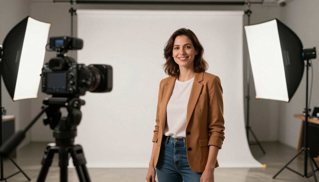 Professional woman smiling in a recording studio with professional softbox lighting