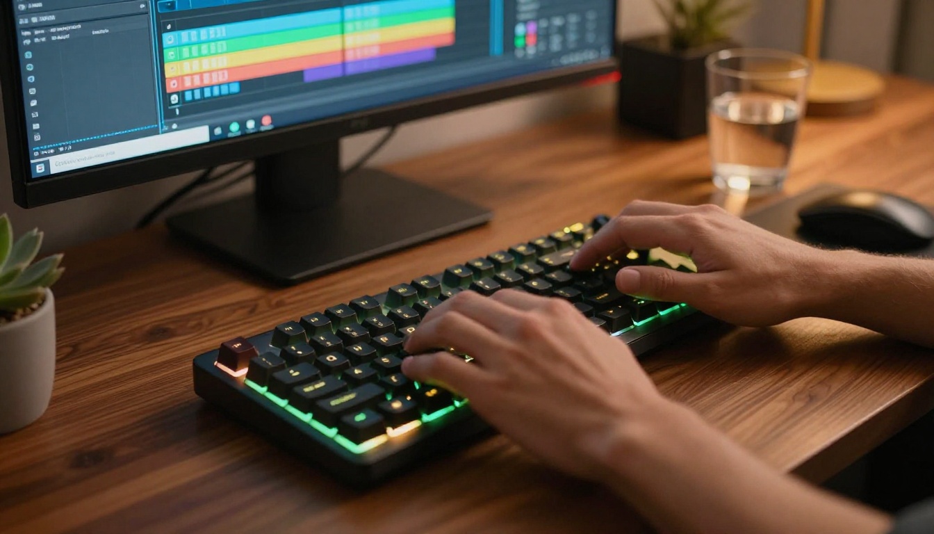 Close-up of hands typing on a mechanical keyboard building an AI video workflow