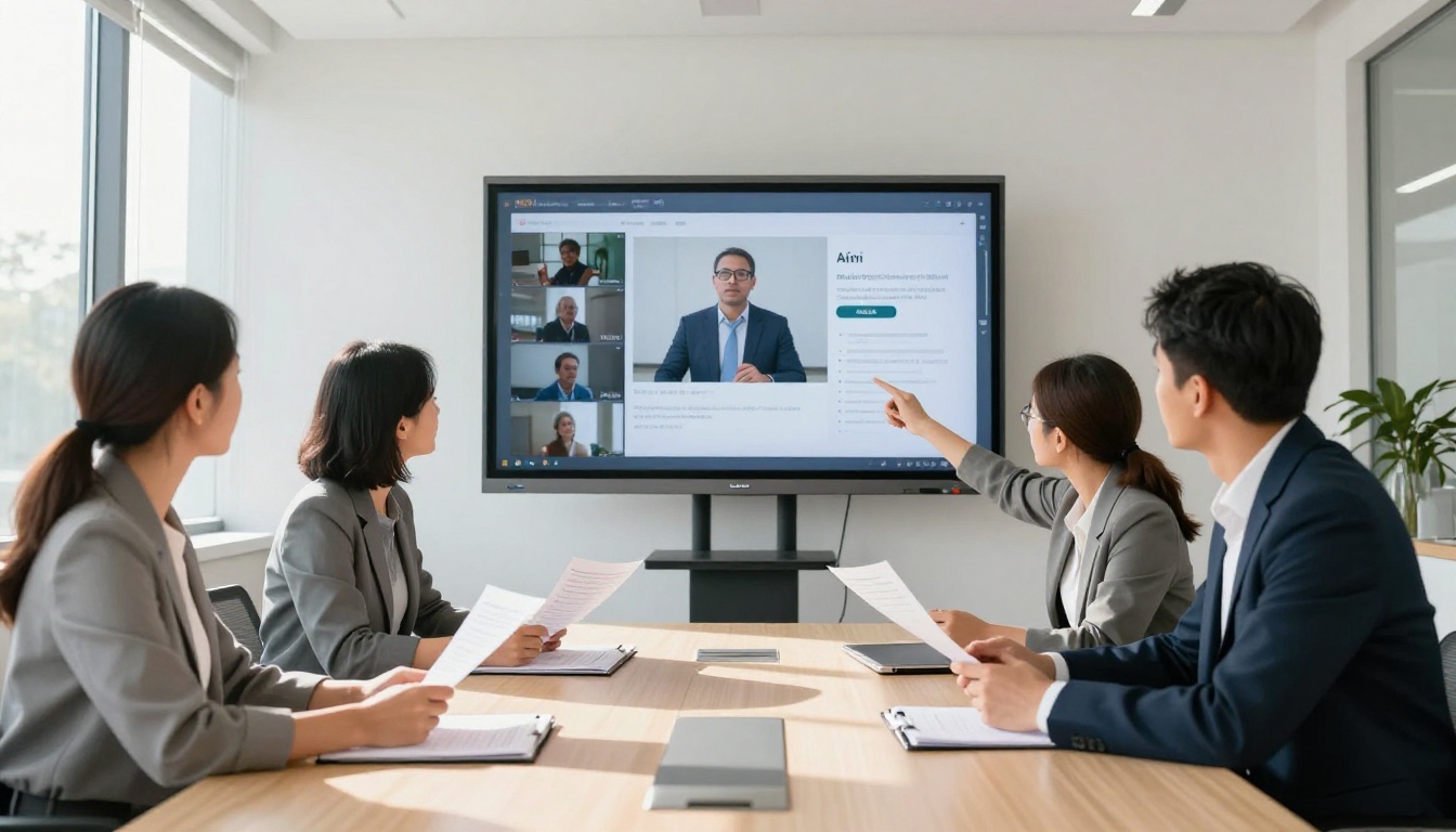 Diverse team of professionals reviewing AI video presentation on a wall-mounted screen