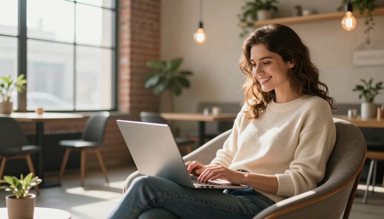 Young woman entrepreneur watching AI video playback on a laptop in a vibrant co-working space