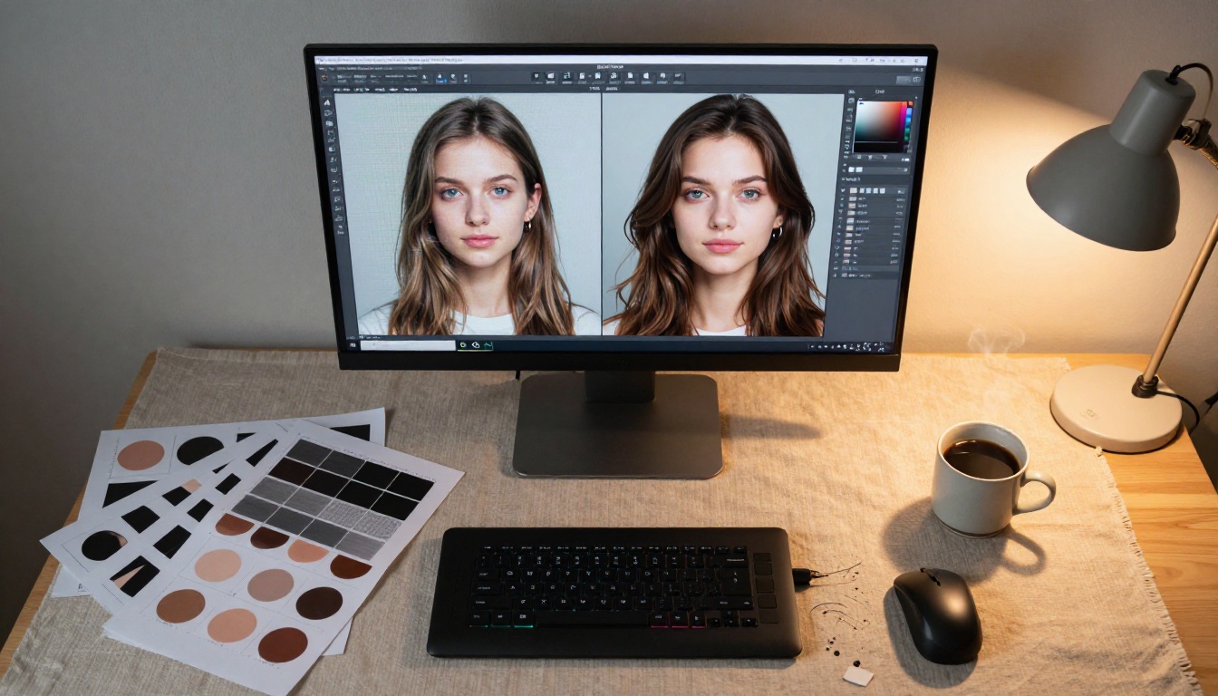 Overhead flat-lay of a retouching workstation with split-screen portrait upscaling test on monitor
