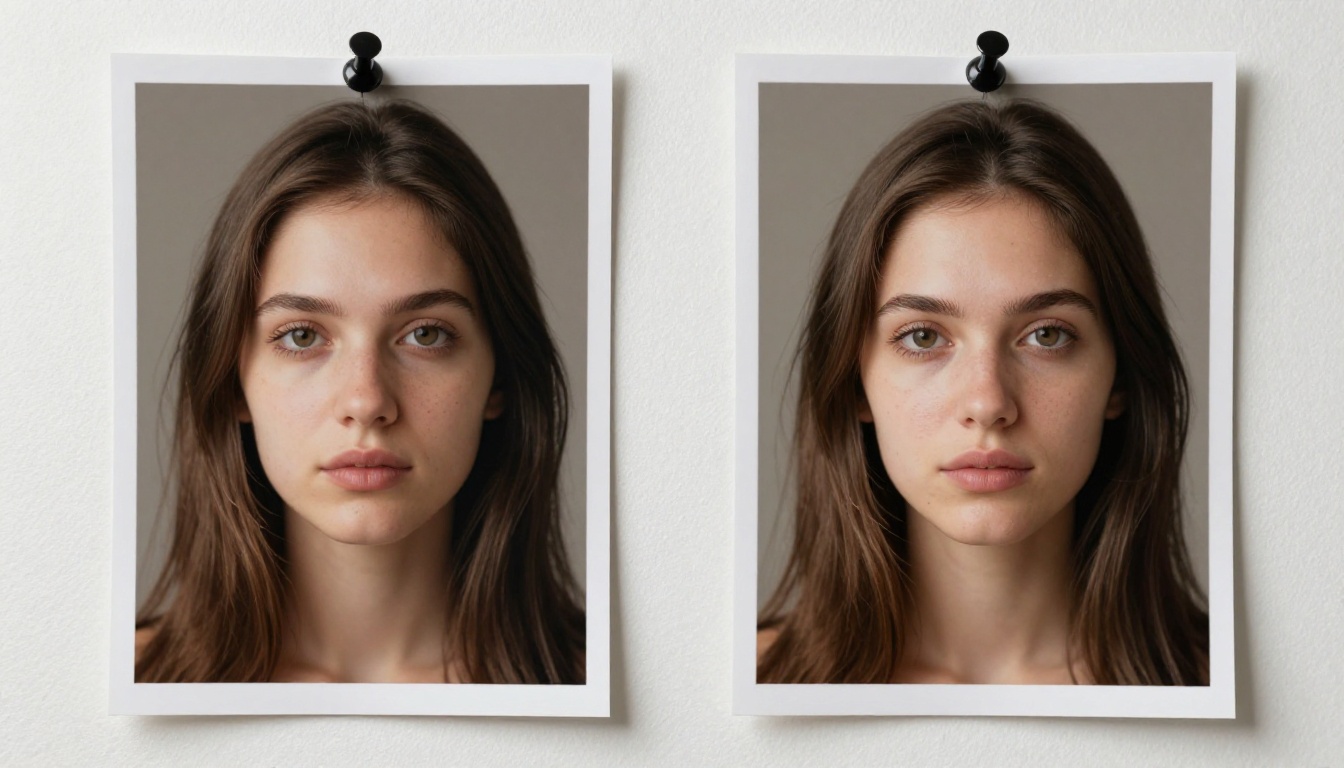 Side-by-side printed portrait photos pinned to a board showing before and after AI upscaling