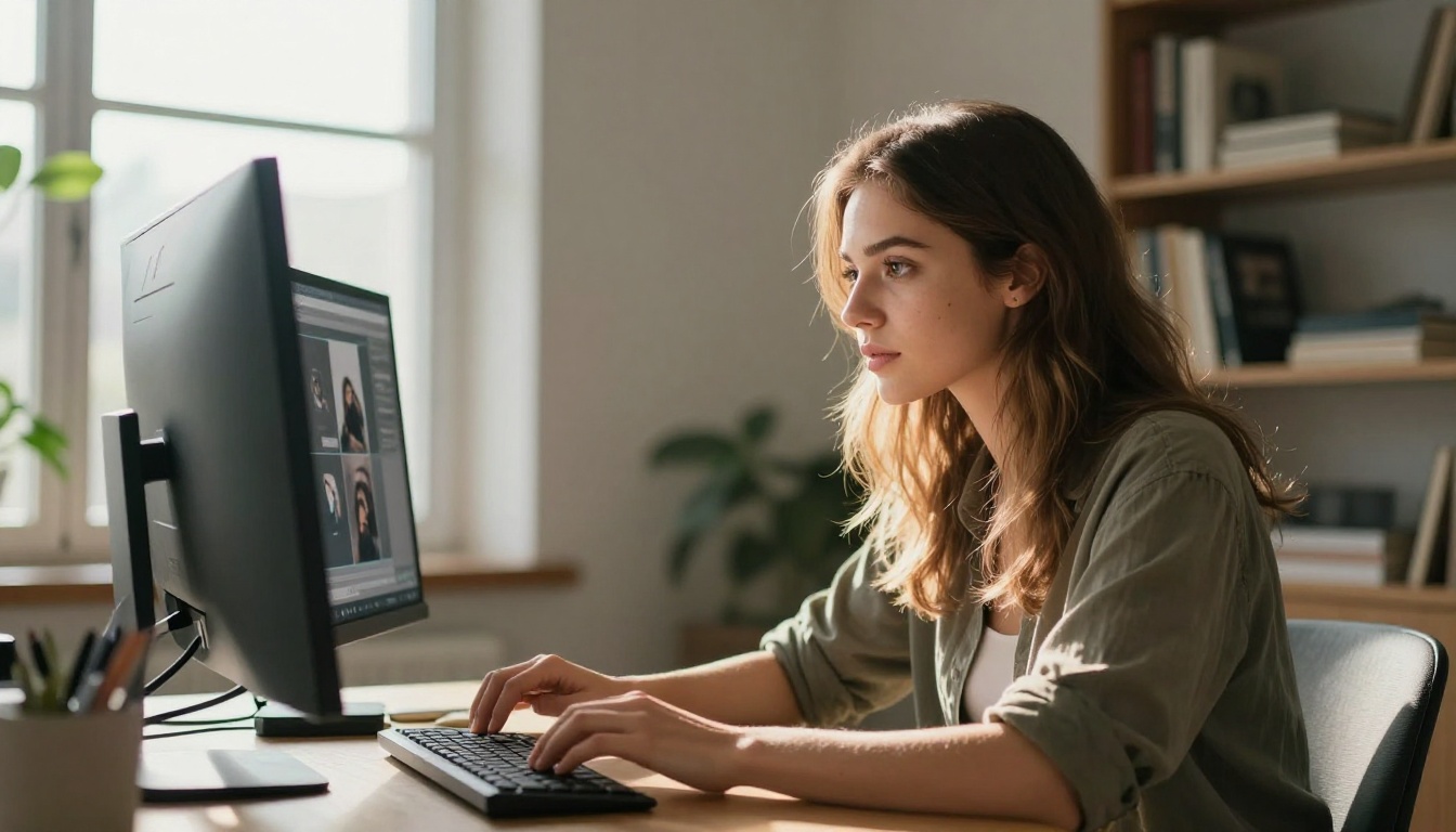 Young woman photographer studying upscaling comparison results on a large ultrawide monitor