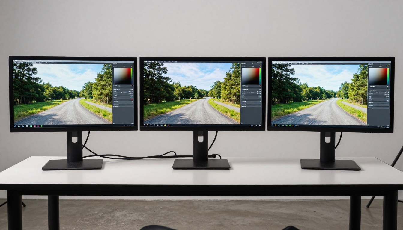 Three-monitor professional studio setup displaying the same landscape photo at different AI upscaling stages