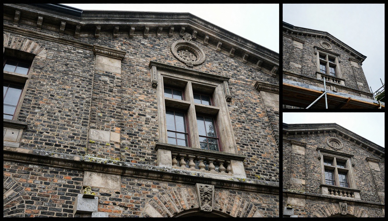Classic brick building facade photographed from low angle showing mortar joint detail comparison between two upscaling results
