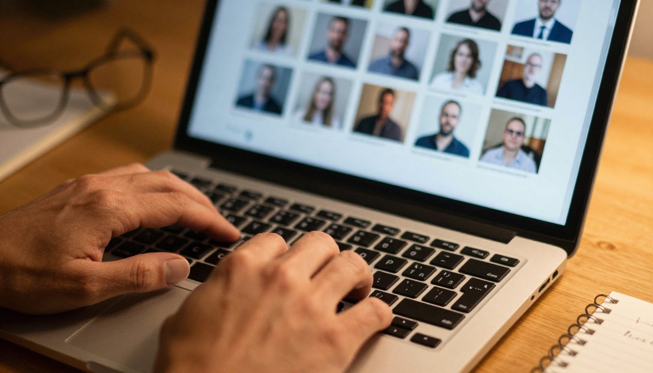 Hands typing on a laptop with a grid of upscaled portrait thumbnails visible in the screen reflection on eyeglasses