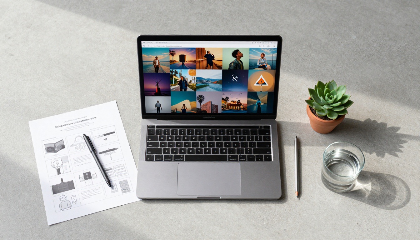 Creative professional reviewing AI-generated assets on laptop
