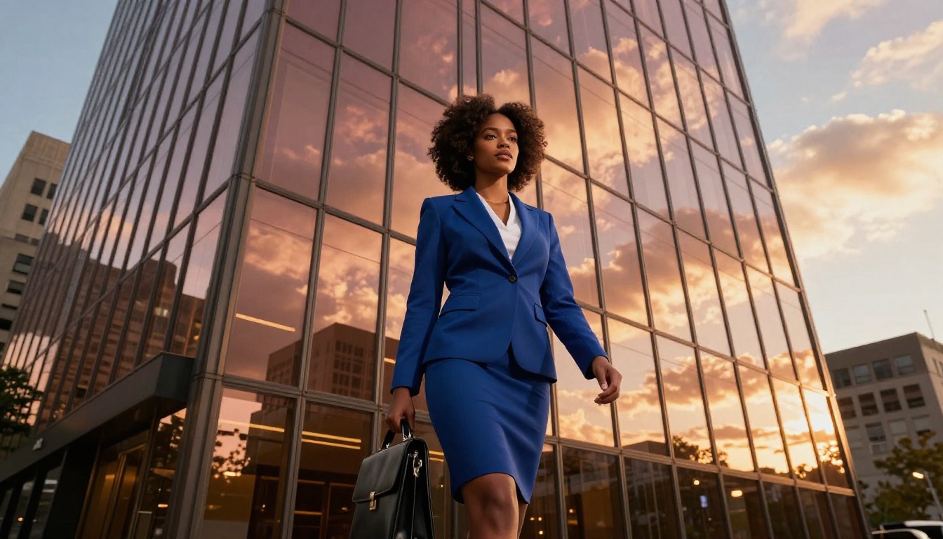 Business professional walking confidently in downtown commercial district
