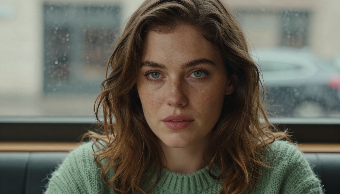 Close-up portrait of a woman with green eyes in a sage sweater by a rain-streaked cafe window