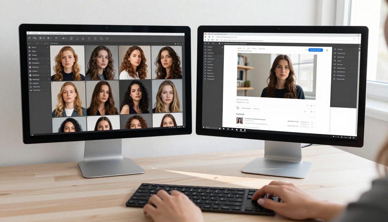 Two monitors side by side showing AI model browsing platforms with image galleries