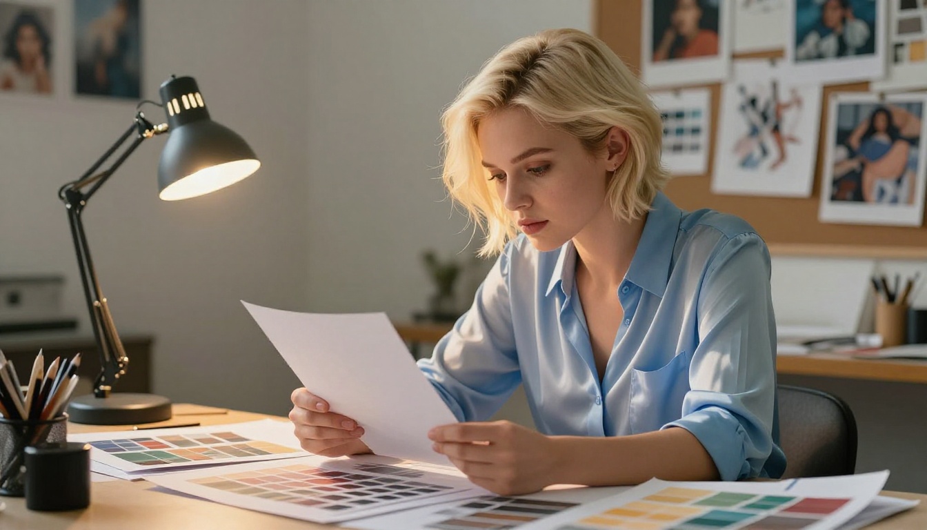 A young woman with platinum blonde hair at a creative studio surrounded by artwork prints and swatches