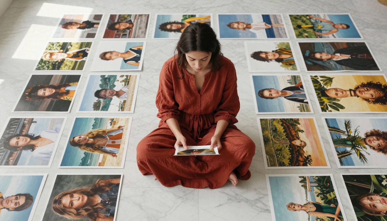 Aerial view of a woman in terracotta dress surrounded by printed AI artworks on a marble floor
