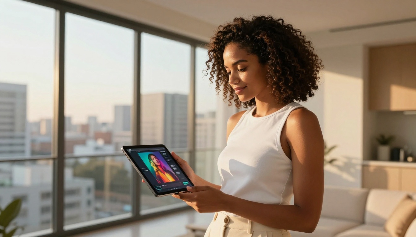 Woman with dark skin holding a tablet showing AI image interface, standing by panoramic city windows