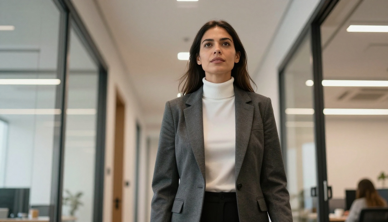 Low-angle shot of a woman in a charcoal blazer standing confidently in a modern tech office corridor