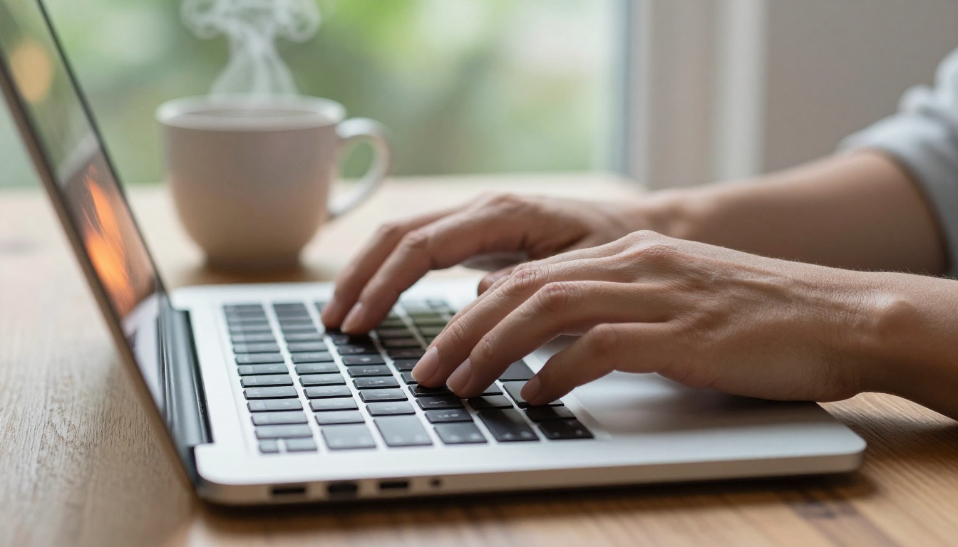 Close-up of hands typing on a laptop keyboard with coffee mug, bright garden window in the background