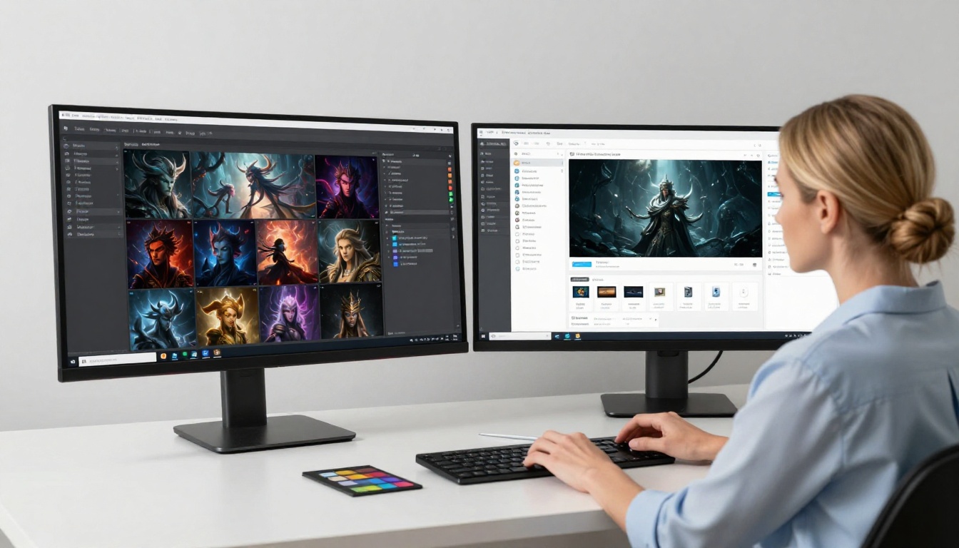 Comparing AI generation interfaces side by side on dual monitors Comparing AI generation interfaces side by side on dual monitors