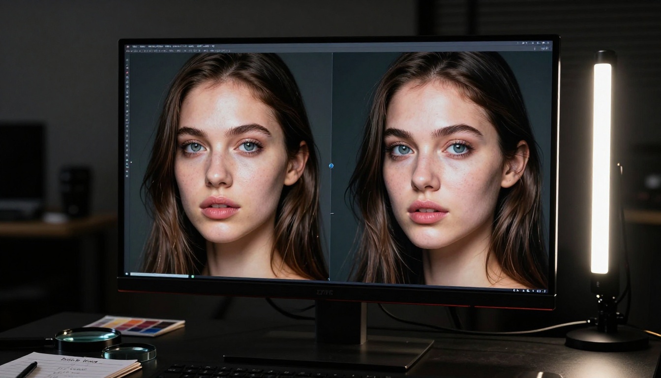 Portrait quality comparison displayed on professional color-calibrated monitor Portrait quality comparison displayed on professional color-calibrated monitor