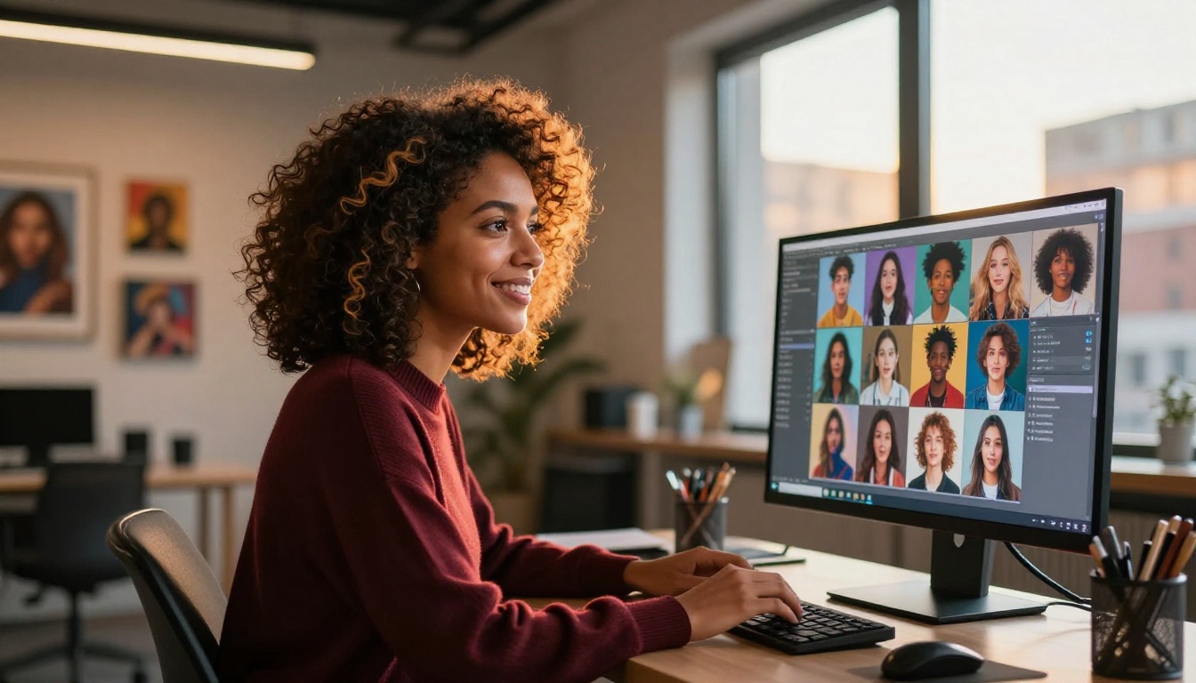Confident creative professional generating AI images at a professional workstation
