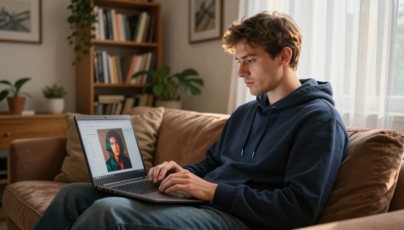 Freelance artist using AI tool on laptop at home