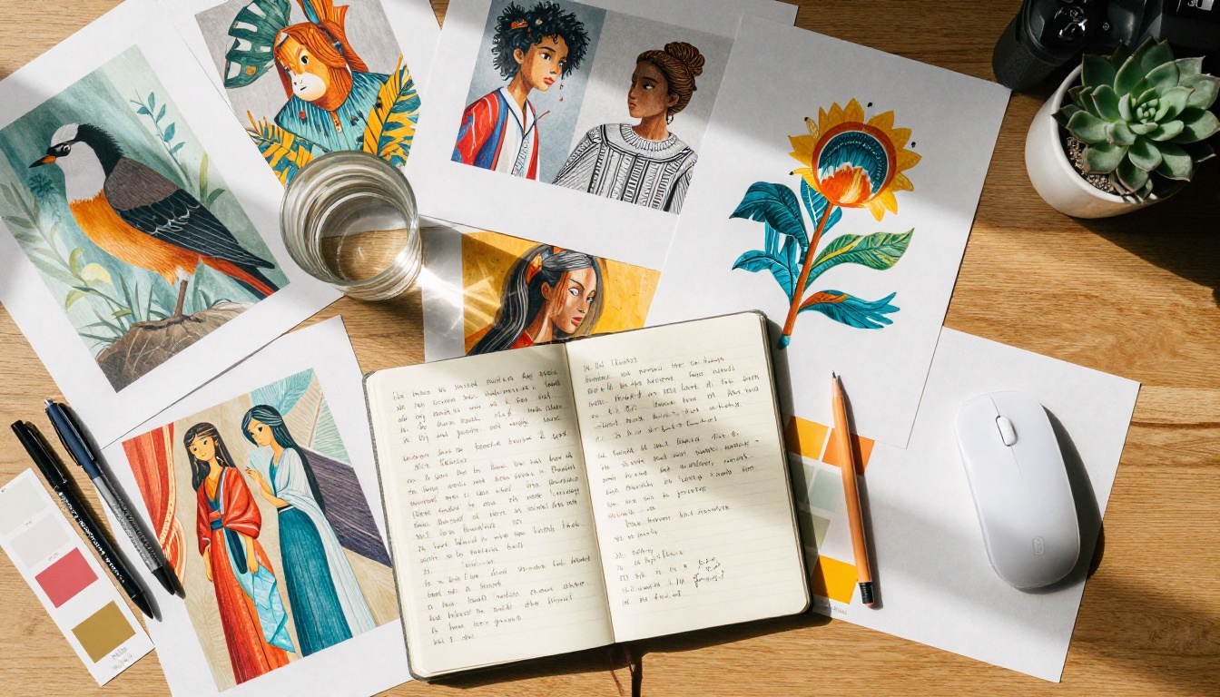Overhead flat lay of desk with printed AI artworks and creative tools