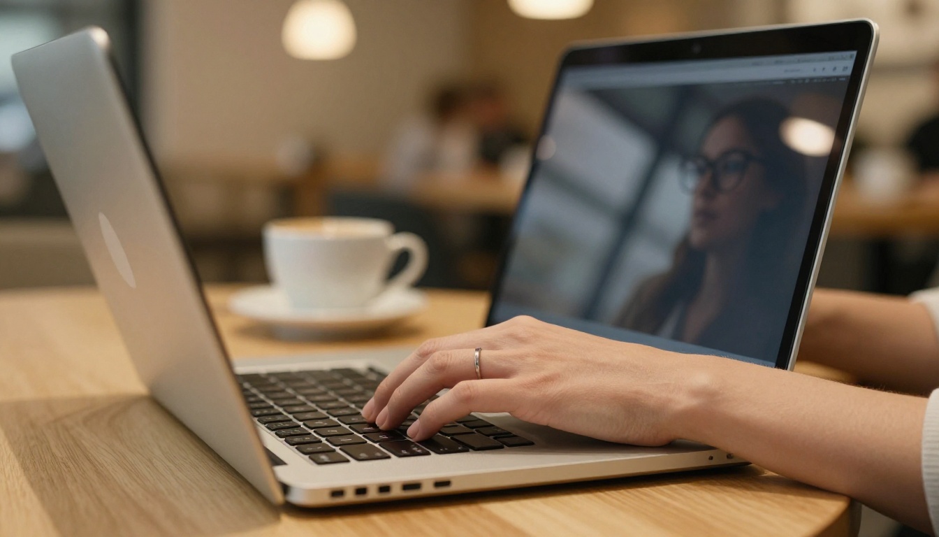 Close-up of hands typing on laptop keyboard at coffee shop