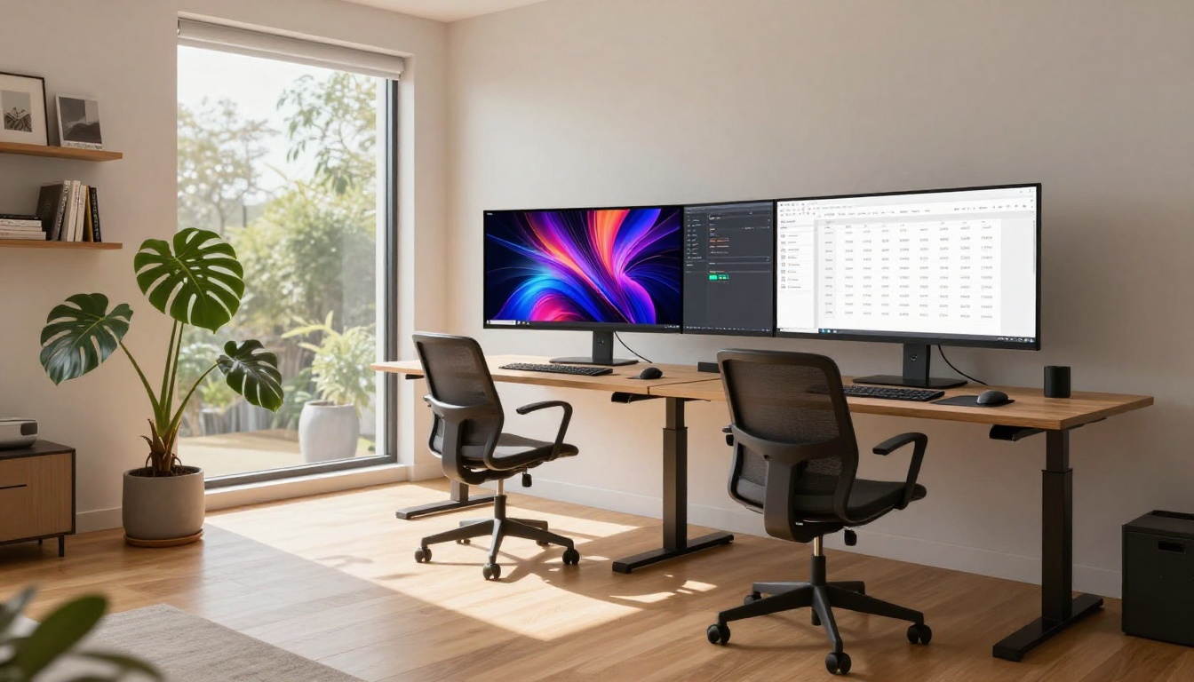 Modern home office with dual monitors showing AI art interfaces