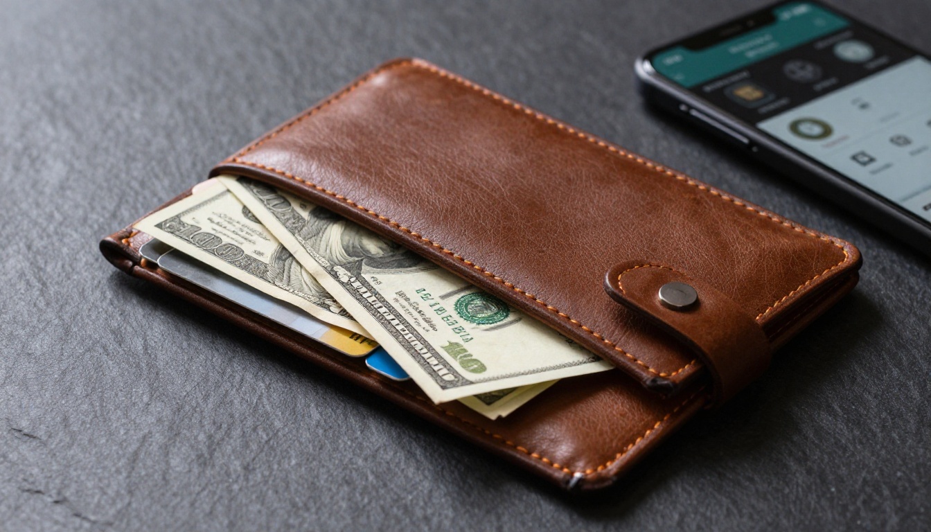 Open wallet with credit cards next to a smartphone subscription screen