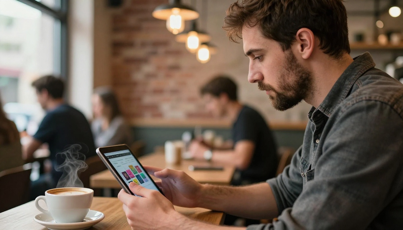 Man at coffee shop using tablet to study AI-generated images