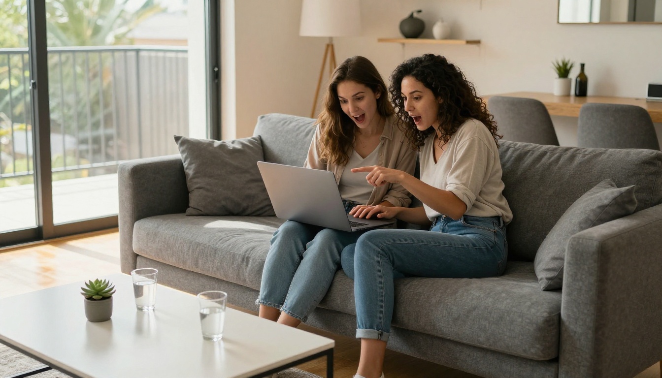 Two friends sharing a laptop and discovering AI art together