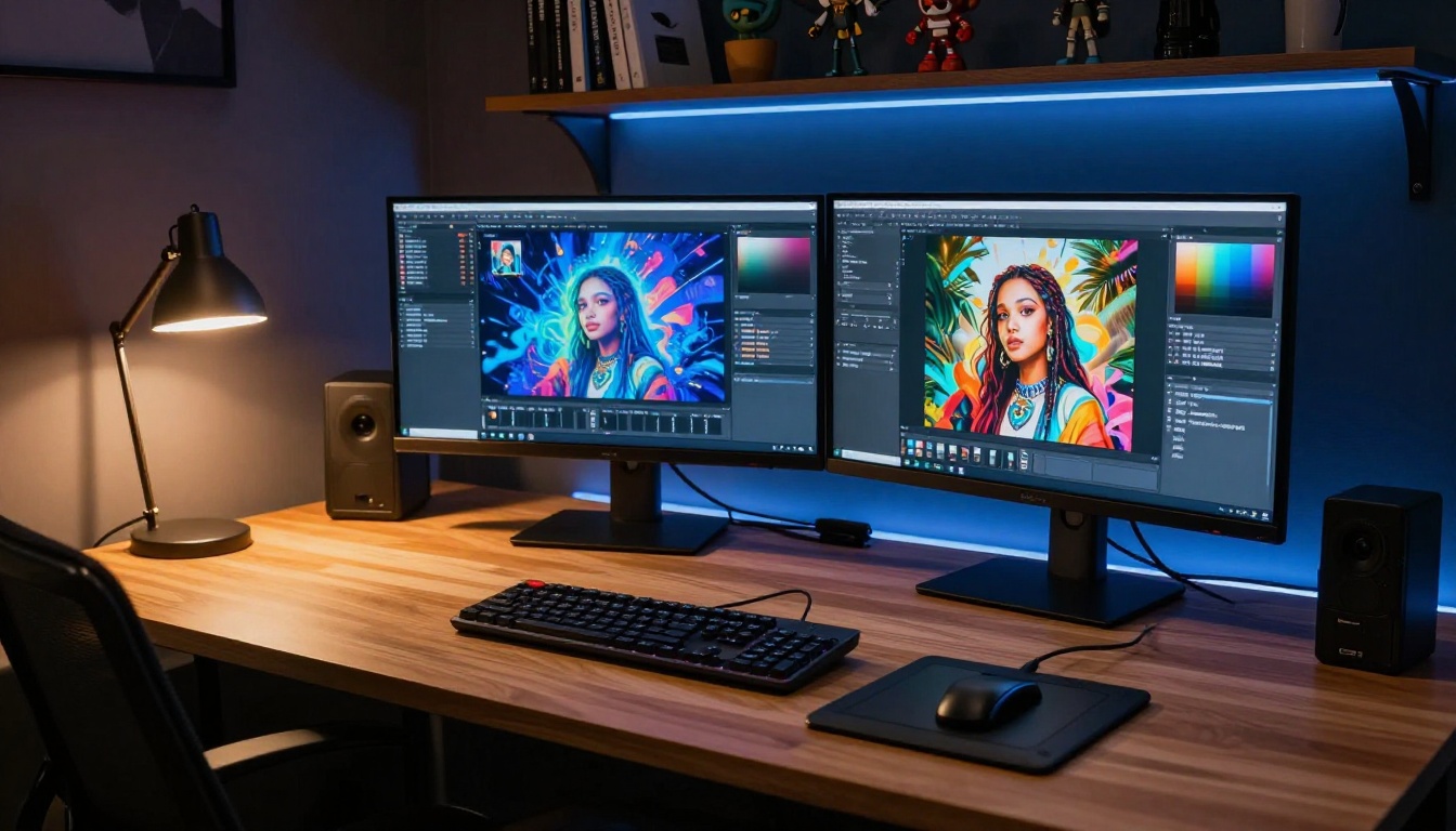 AI creative workspace with dual monitors showing generated images