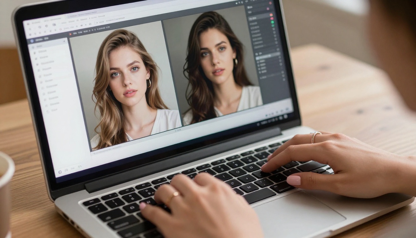 Close-up of laptop screen showing AI image comparison interface with hands on keyboard