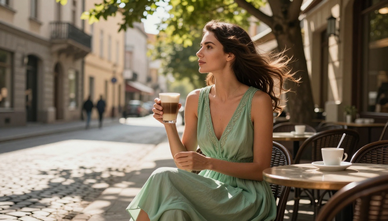 Woman with brunette hair in sage green dress at European cafe terrace