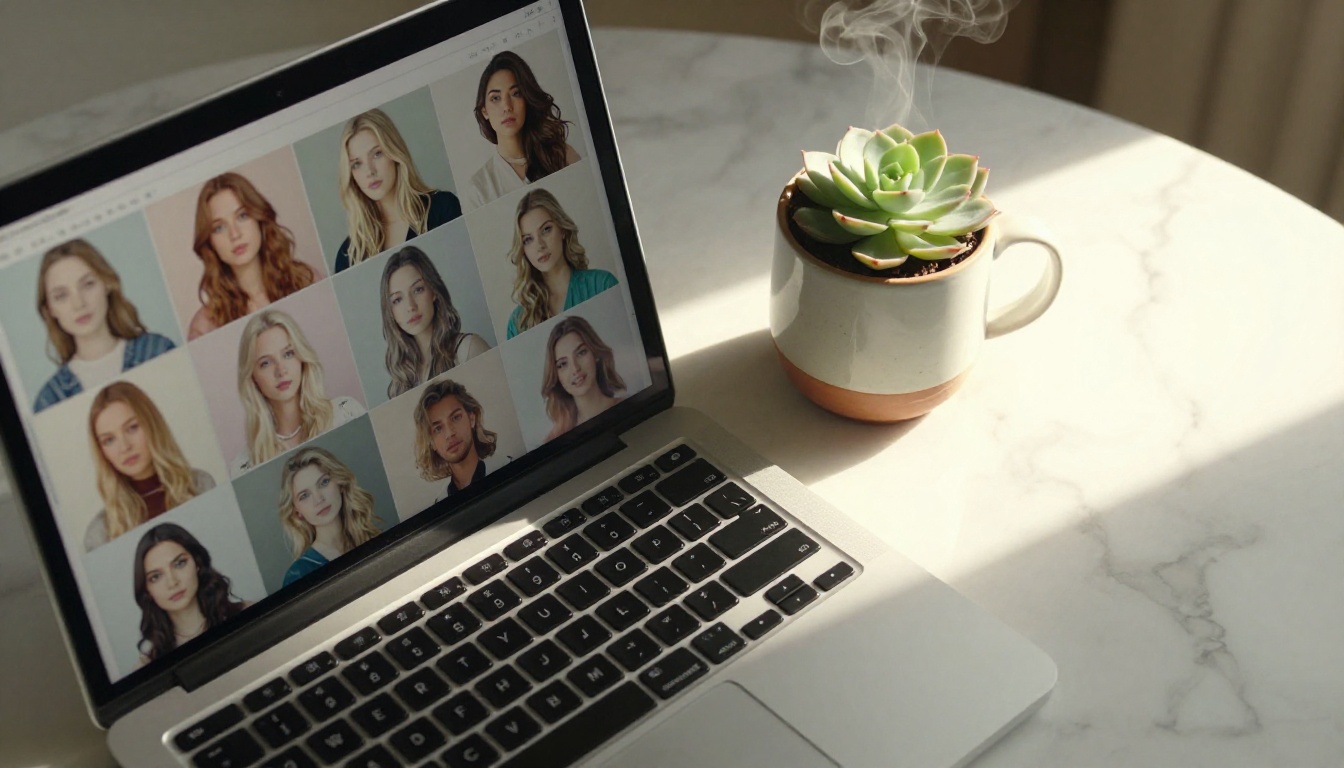 AI image generation on MacBook with coffee on marble desk
