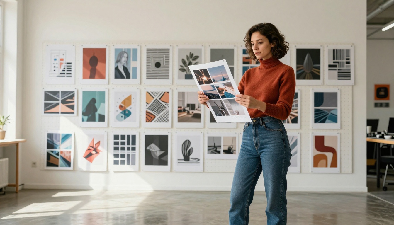Creative professional comparing printed AI artworks in design studio