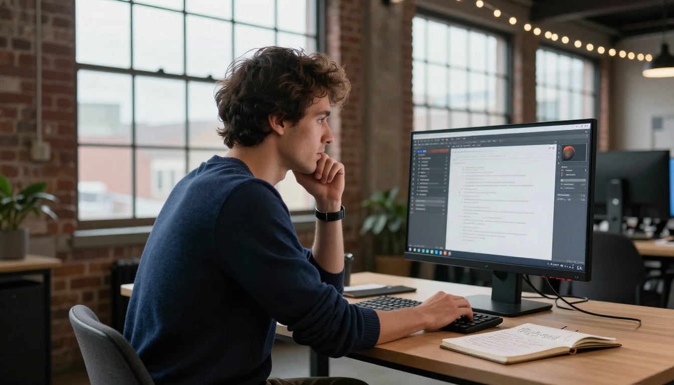 Man at standing desk thoughtfully comparing image generation tools