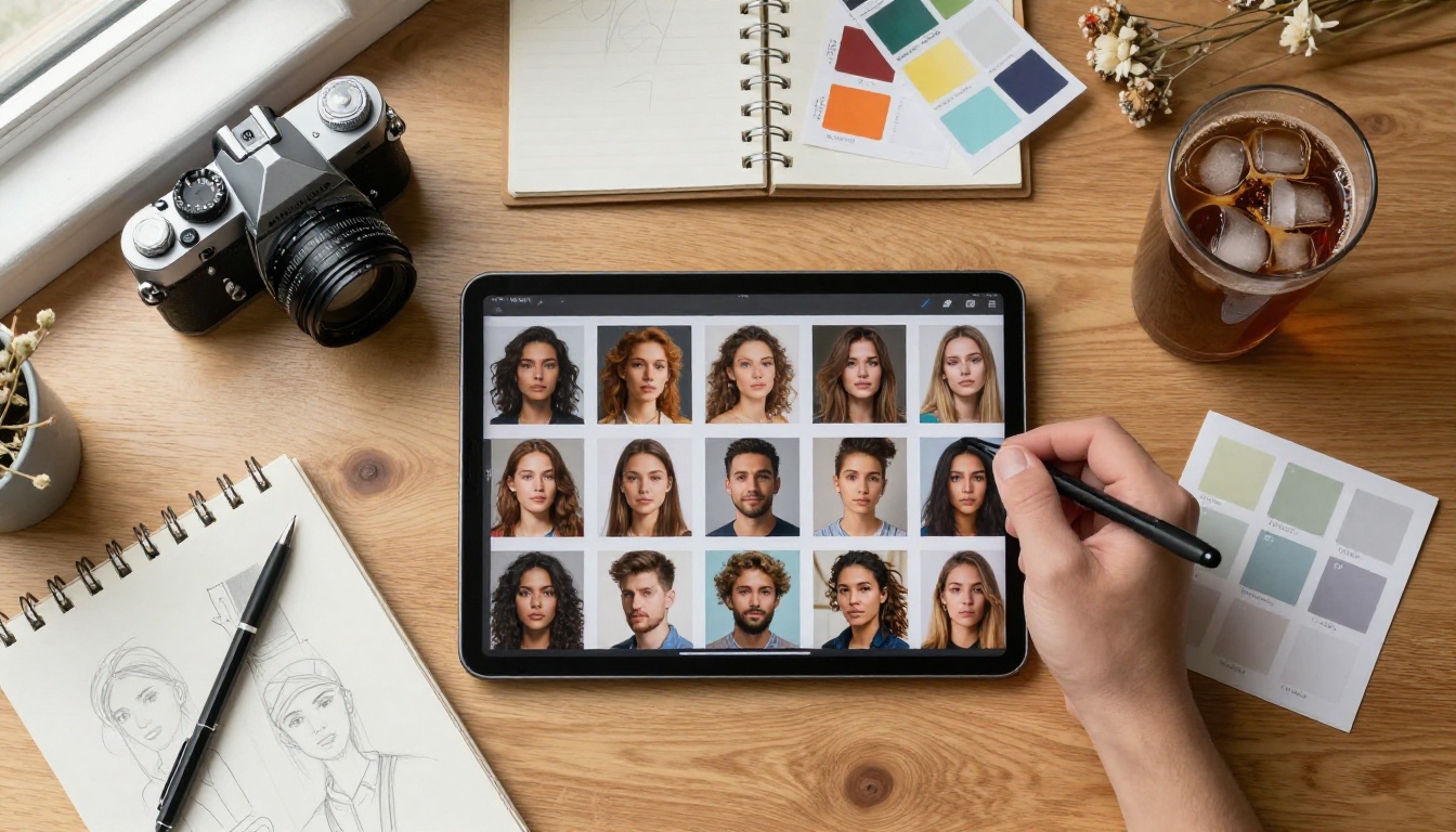 Creative workspace flat lay with tablet displaying AI portrait gallery