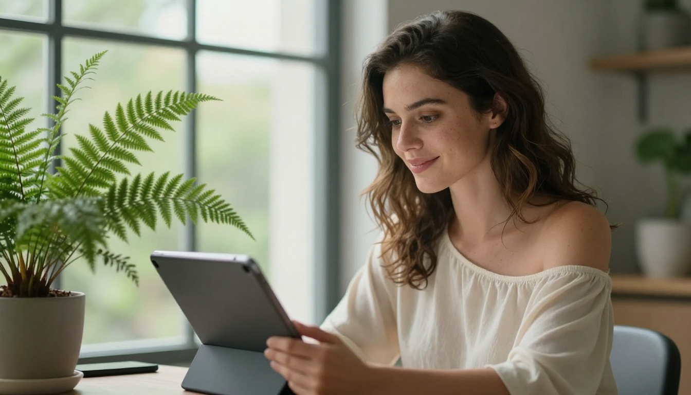 Woman with natural wavy hair smiling at tablet by window in natural light